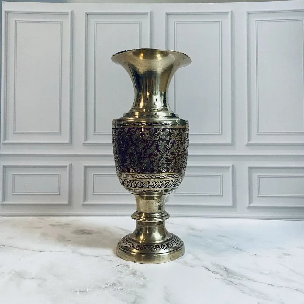 Vintage Brass Pedestal Etched Floral Footed Vase 7”
